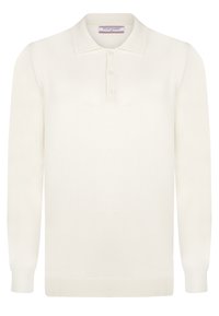 Biały sweter polo z długim rękawem, wykonany z miękkiego materiału. Posiada kołnierzyk, zapięcie na trzy guziki oraz ribbowe mankiety. Prosty i klasyczny design.