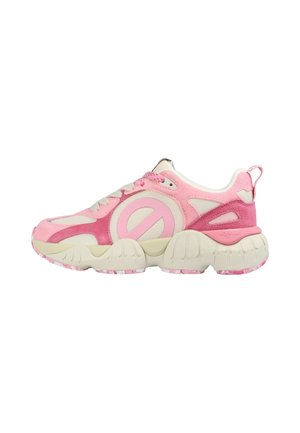 Pink sneaker featuring a mix of materials including suede and mesh, chunky sole, prominent circular logo, and pink accents on the heel and tongue.