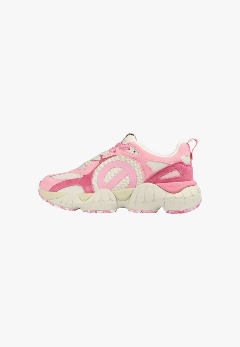 Rosa Sneakers mit einer Kombination aus Materialien wie Wildleder und Mesh, dicker Sohle, auffälligem rundem Logo sowie rosa Akzenten an der Ferse und Zunge.