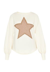 Kerman pitkähihaisen hupparin, jossa on suuri beige tähti-design, jota koristavat metallic-napit. Pehmeä tekstuuri ja rento istuvuus.