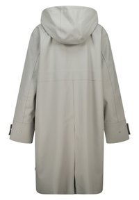 Light gray waterproof coat with a hood, featuring a straight cut, long sleeves, two snap-button accents, and a vent at the back.