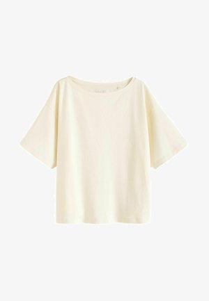 Cremefarbene Baumwoll-T-Shirt, verkürztes Design, weite kurze Ärmel, runder Halsausschnitt, schlicht mit glatter Textur, keine sichtbaren Muster oder Akzente.