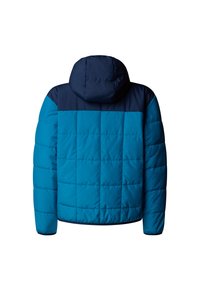 Μπουφάν με επένδυση και κουκούλα, με κυρίως μπλε χρώμα και σκούρα μπλε τμήματα στους ώμους και το πάνω μέρος της πλάτης. Υφασμάτινο με ραμμένο μοτίβο.