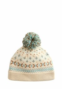 Strikket vinterhat i creme med blå og brune geometriske mønstre, prydet med en stor, flerfarvet pompom på toppen og en ribbet kant.