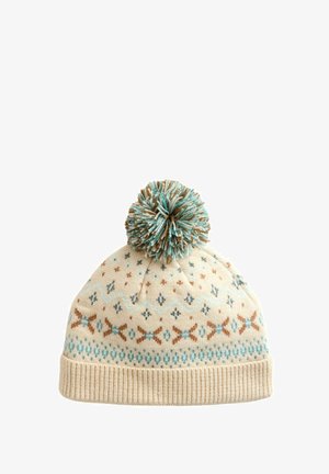 Bonnet d'hiver en crème avec des motifs géométriques bleus et marron, orné d'un grand pompon multicolore sur le dessus et d'un revers côtelé.