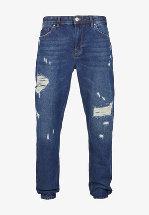 Blaue Denim-Jeans mit distressierten Details, die mehrere Risse und ausgefranste Kanten aufweisen, im gerade geschnittenen Design und klassischem Fünf-Taschen-Stil.