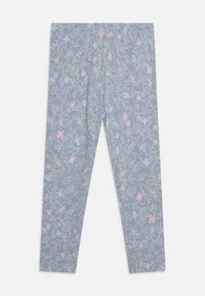 Hellblaue Leggings mit einem Blumenmuster, das rosa und hellblaue Blumen zeigt. Weicher Stoff, elastischer Bund und figurbetontes Design.