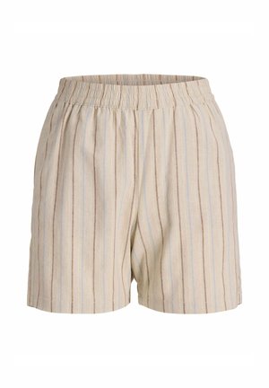 Világos bézs színű, függőleges csíkokkal, világoskék és barna árnyalatokban. Rugalmas derékrésszel és laza szabással rendelkezik. Az anyag textúrált hatású.