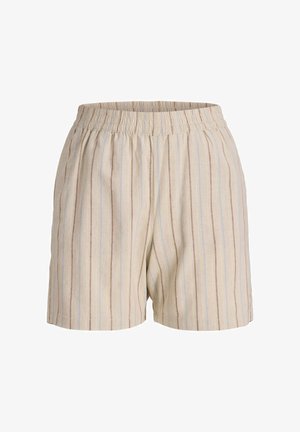 Šviesiai smėliniai šortai su vertikaliomis šviesiai mėlynomis ir rudos spalvos juostelėmis. Yra elastinga juosmens dalis ir laisvas kirpimas. Medžiaga atrodo tekstūruota.