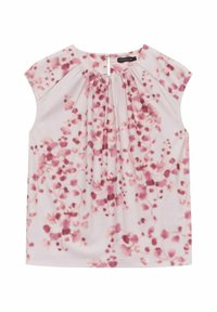 Kortärmad blus i rosa tyg med blommönster. Har veck vid halsringningen och en knäppning bak.