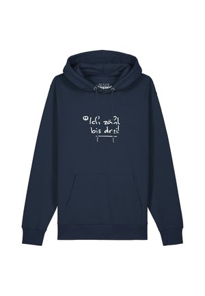 Marineblauer Hoodie mit Fronttasche und weißem Text in Deutsch, der "Ich zähl bis drei!" mittig auf der Brust steht.