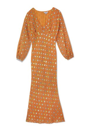 Oranžna obleka z globokim V-izrezom, dolgimi pufastimi rokavi in prilegajočo se silhueto. Ponaša se z vzorcem odsevnih cvetličnih oblik v modri in zeleni barvi.