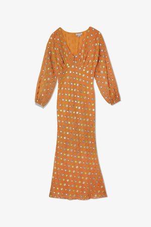 Rochie portocalie cu decolteu adânc în V, cu mâneci lungi tip puff și o siluetă ajustată. Prezintă un model de desene florale reflectorizante în nuanțe de albastru și verde.