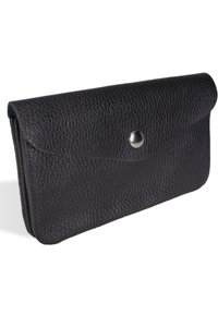 Black textured leather wallet with a flap closure and a metal snap button. Rectangular shape, minimalistic design, and smooth edges.