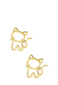 Orecchini in metallo dorato a forma di gatto con design intagliato. Presentano orecchie a punta, baffi e una coda arrotolata. Texture liscia e stile minimale.