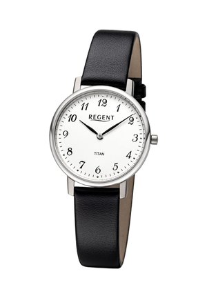 Montre-bracelet Regent avec cadran blanc, chiffres arabes noirs, boîtier argenté, bracelet en cuir noir, affichant l'heure 10:09:10.