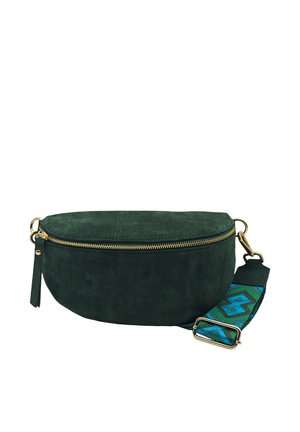 Sac bandoulière en daim vert foncé avec fermeture éclair dorée et bandoulière en tissu ajustable à motif bleu-vert.