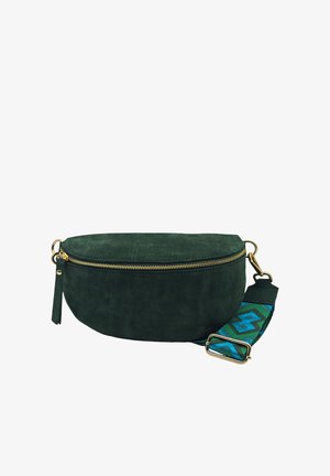 Sac bandoulière en daim vert foncé avec fermeture éclair dorée et bandoulière en tissu ajustable à motif bleu-vert.