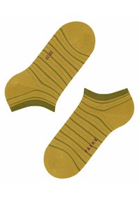 Gelbgestreifte Socken mit einem grün gerippten Bund, die eine glatte Textur aufweisen und ein kleines rotes Logo tragen. Das Design enthält abwechselnde grüne Streifen.