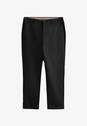 Schwarze knieumspielende Hosen mit glatter Textur, vorderen Taschen, Knopfverschluss und Gürtelschlaufen; aus leichtem Stoff gefertigt.