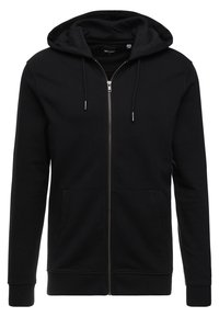 Felpa con cappuccio nera con zip, realizzata in tessuto morbido con cappuccio foderato, tasche frontali e coulisse. Presenta una zip a tutta lunghezza e polsini a coste.