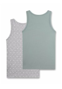 Due top in cotone: uno grigio con pois bianchi, l'altro di un verde pastello uniforme. Entrambi hanno una scollatura tonda e sono senza maniche.