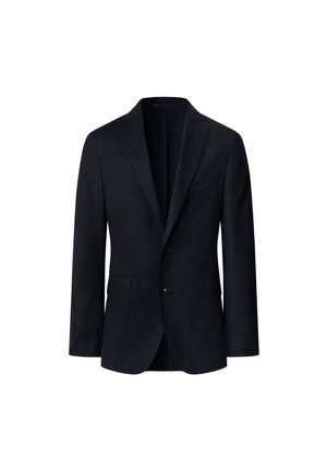 Blazer noir pour homme en tissu de laine, avec un revers à cranter, deux boutons et deux poches avant. Design classique ajusté.