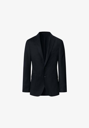 Schwarzer Herrenblazer aus Wollstoff, ausgestattet mit einem Reverskragen, zwei Knöpfen und zwei Vorderentaschen. Klassisches, tailliertes Design.