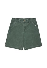 Shorts en coton vert avec une coupe régulière. Comprend des poches, des détails de couture et une fermeture à bouton à l'avant. Texture douce, design à longueur de genoux.