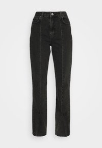 High-waisted black jeans with a straight-leg design, featuring front pockets, minimal stitching, and a subtle textured finish.