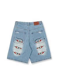 Denim shorts met morekleurige geborduurde ogen op de achterzakken, lichtblauwe kleur, versleten details en een leren patch in bruin.