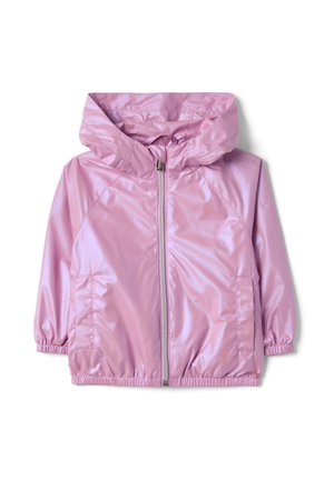 K-Way per bambini color lilla chiaro con cappuccio, cerniera frontale, due tasche laterali e polsini ed orlo elastici, isolato su sfondo bianco.