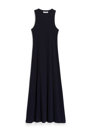 Marineblaues ärmelloses Maxikleid aus weichem, elastischem Stoff, mit rundem Halsausschnitt, fließender Silhouette und ohne sichtbare Muster oder Verzierungen.