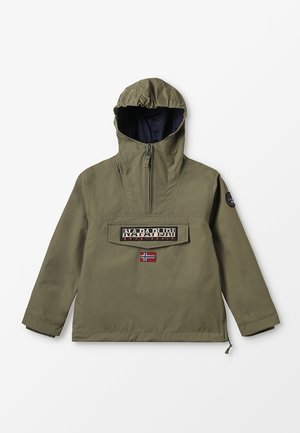 Grøn pulloverjakke med hætte, frontlomme og logo-patch. Har lynlås i halsen og elastiske manchetter. Glat, vejrbestandigt stof.