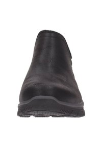 Schwarze Slipper mit strukturiierter Sohle, von vorne betrachtet, vor einem weißen Hintergrund.