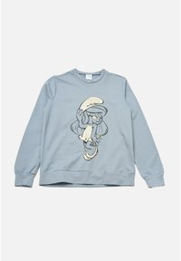 Sudadera de manga larga azul claro con un personaje de dibujos animados impreso en la parte frontal, que lleva un sombrero blanco y un vestido.
