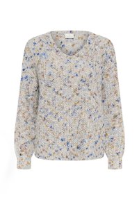 Dikke gebreide lange mouw sweater met V-hals, met een gestructureerd patroon in blauw, roze, mosterd en crème kleuren.