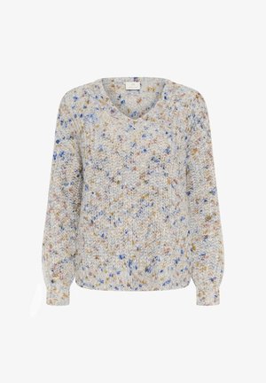 Pull en maille épaisse à manches longues avec un col en V, présentant un motif à pois dans des couleurs bleu, rose, moutarde et crème.