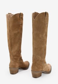 Botas altas de ante marrón con un ligero pliegue, punta almendrada y tacón bajo apilado; presentan una abertura con forma de ondas y detalles de costura sutiles.