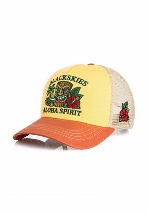 Gelbe und beige Mesh-Baseballkappe mit orangefarbiger Krempe, mit Tiki-Maske, Palme, Hibiskusblüte und der Stickerei "BLACKSKIES ALOHA SPIRIT".