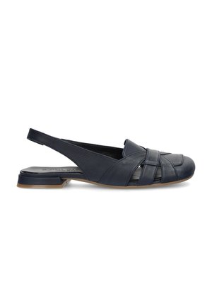 Navy blue leather slingback flat shoe with closed woven toe design and low heel on white background.