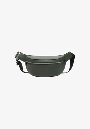 Green leather fanny pack with a rounded shape, zippered front pocket, adjustable strap, and smooth texture. Logo embossed on the side.