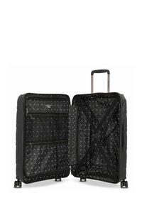 Valise rigide noire ouverte avec poignée télescopique, quatre roues, compartiments zippés et sangles intérieures pour maintenir le contenu en place.