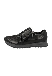 Black sneaker with a textured upper and smooth leather accents. Features a front lace-up design and side zipper. Lightweight rubber sole.
