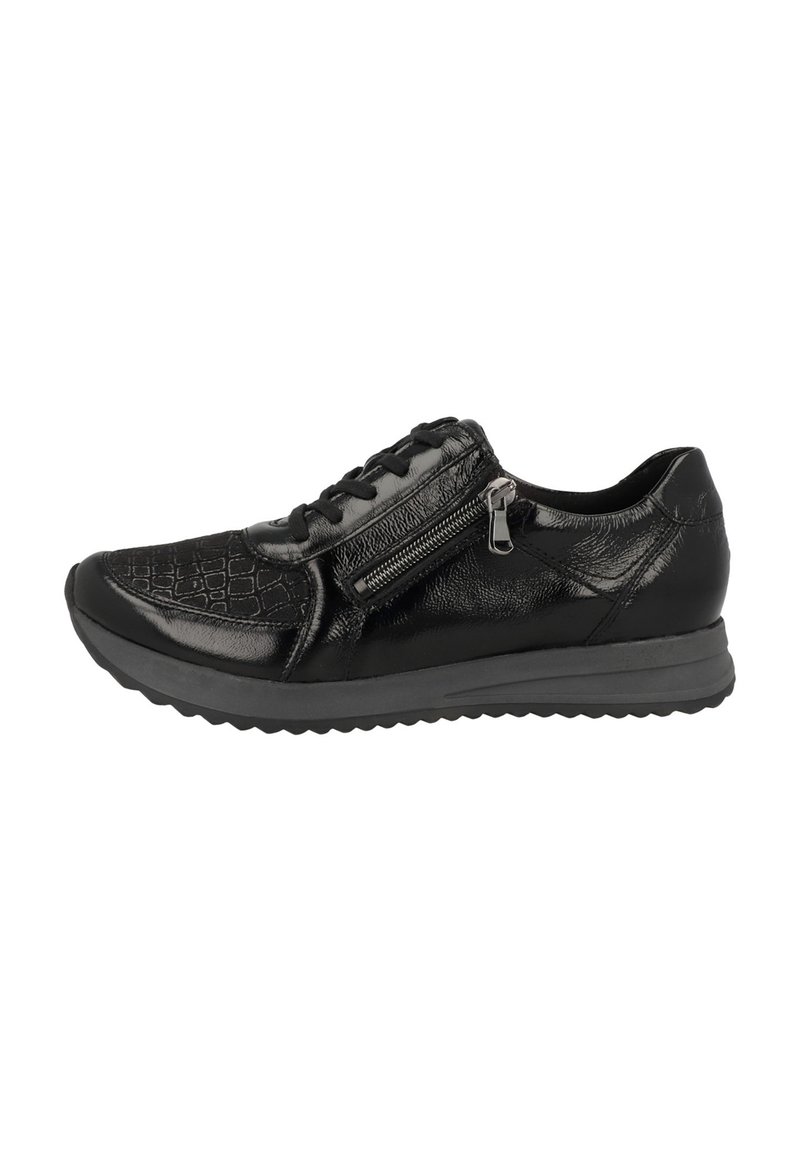Black sneaker with a textured upper and smooth leather accents. Features a front lace-up design and side zipper. Lightweight rubber sole.