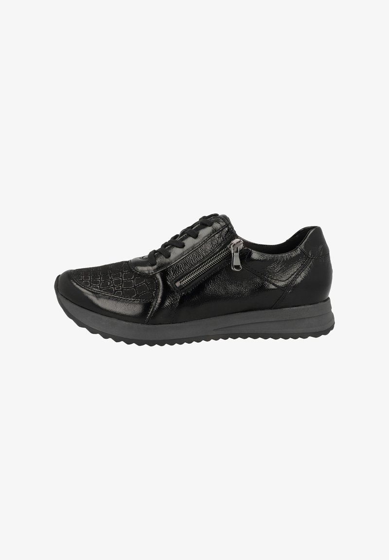 Schwarze Sneakers mit strukturiertem Obermaterial und glatten Lederakzenten. Verfügt über ein Schnürung vorne und einen seitlichen Reißverschluss. Leichte Gummisohle.