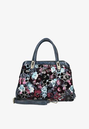 Handtasche mit blauen Ledergriffen und einem mehrfarbigen floralen Pailletten-Design in Pink, Blau, Schwarz und Silber, inklusive abnehmbarem Schulterriemen.