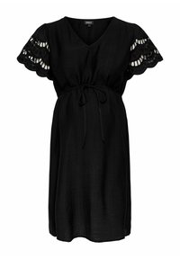 Schwarzes Umstandskleid mit V-Ausschnitt, kurzen, gewellten Ärmeln und gebundenem Taillenbund. Hergestellt aus leichtem Stoff mit einer subtilen Textur.