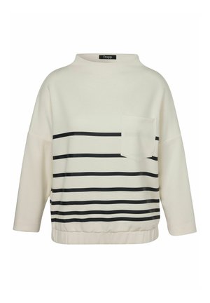 Weißes Sweatshirt mit langen Ärmeln, schwarzen horizontalen Streifen, einer Brusttasche vorne und einem elastischen Saum.