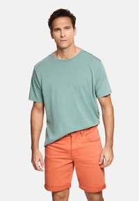 Hombre con cabello corto y castaño, vistiendo una camiseta de manga corta verde claro y pantalones cortos naranjas remangados, frente a un fondo liso.